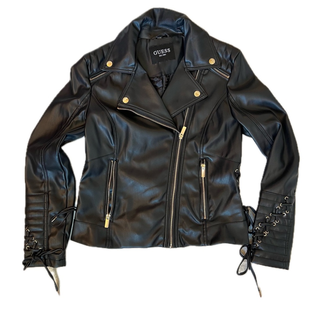 Guess Womens Size M Black Faux Leather Bomber Jacket Biker Style Zip